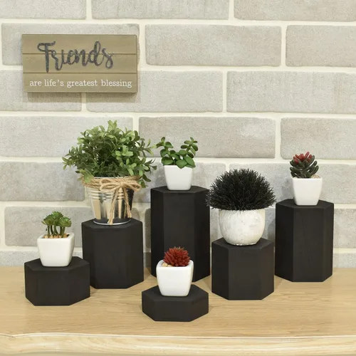 Vista 8 de MOOCA - Soporte de exhibición hexagonal de madera para accesorios 6-piece black wooden hexagon riser set creates tiered displays for jewelry