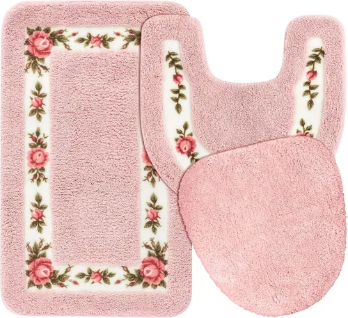 Vista 8 de Drydiet Juego de 3 alfombras de baño con rosas y flores, decoración de habitación, alfombra de baño floral en forma de U, antideslizante, Azul