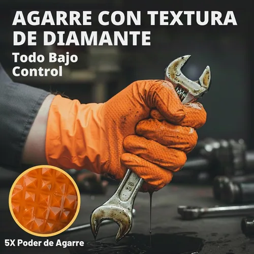 Vista 3 de Guantes industriales de nitrilo naranja resistente, 8 mil, guantes desechables sin látex con agarre de textura de diamante elevado, sin polvo