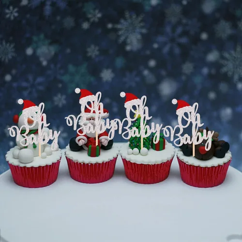 Vista 6 de Paquete de 24 Adornos Navideños Oh Baby para Cupcakes con Sombrero de Navidad con Purpurina, Palillos de Comida para Baby Shower para Niños y Niñas