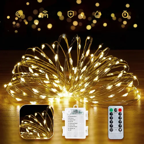 Vista 10 de Minetom - Luces de hadas a pilas con control remoto, 33 pies, 100 luces LED impermeables para interior y exterior, luz titilante estrellada