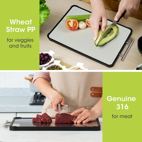 Vista 7 de Tabla de cortar de acero inoxidable, tablas de cortar de acero inoxidable 316 de doble cara para cocina, tabla de cortar PP 2 en 1 de grado