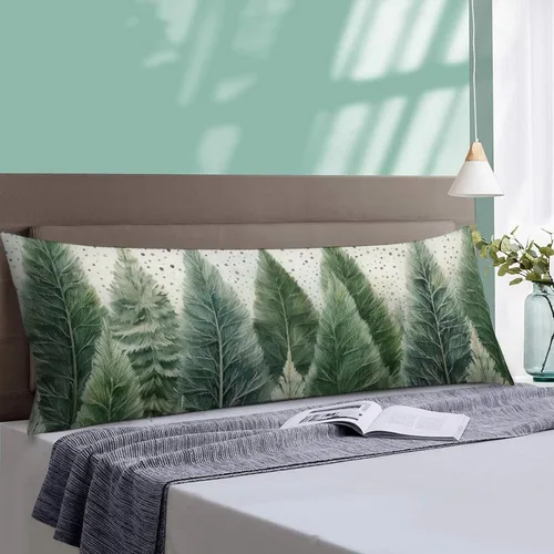 Vista 4 de Funda de almohada corporal con estampado de bosque natural, funda protectora larga con cremallera, pinos verdes con copos de nieve, funda