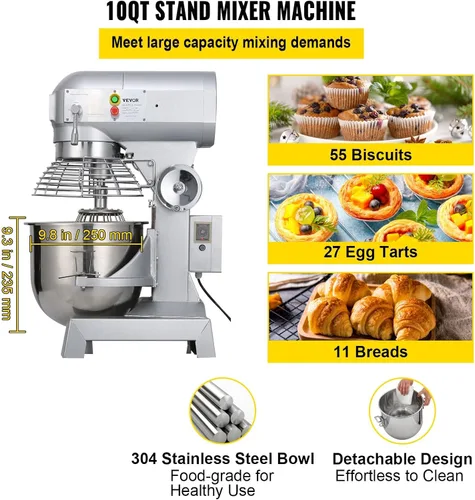 Vista 3 de Happybuy 10Qt Mezclador Comercial de Alimentos con Función de Temporización, Mezclador Comercial de 500W, Bol de Acero Inoxidable, Resistencia