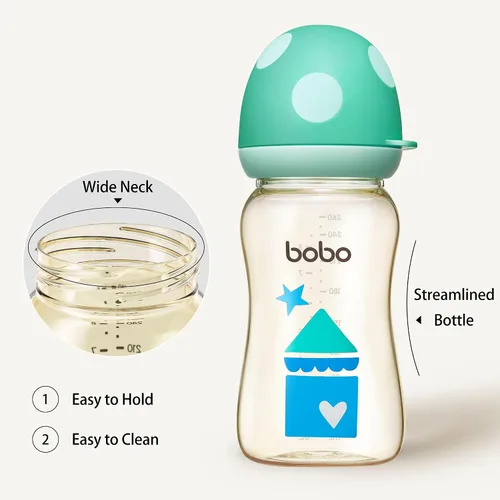 Vista 4 de YOHKOH Biberón de PPSU para bebé de cuello ancho, biberón anti-cólico para recién nacidos con tetina de respuesta natural, cuerpo aerodinámico, Azul