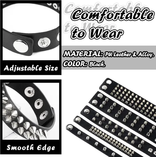 Vista 3 de Qinsihwn Punk Studded Bracelet Goth Bracelet Leather Rivets Spike Bracelets Cuff Adjustable Metal Wristband Gothic Accessories