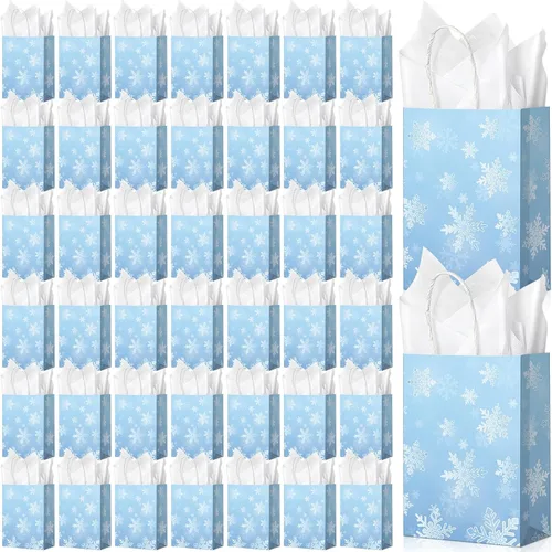 Vista 9 de Jectivs Paquete de 24 bolsas de regalo para fiestas, bolsas grandes y gruesas de papel kraft blanco con copos de nieve azul hielo con tejido blanco