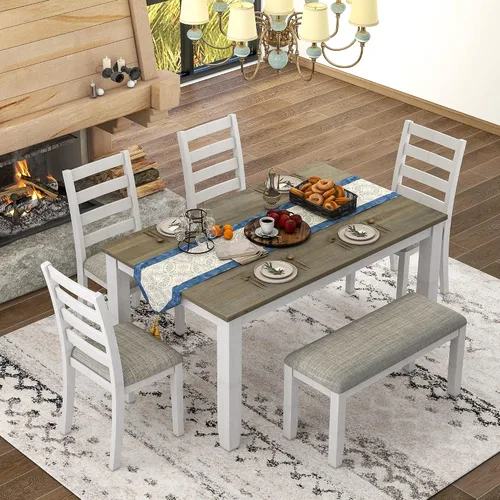 Vista 15 de Harper & Bright Designs 6-Piece Solid Wood Kitchen Dining Table Set, 60" Rectangular Table with 4 High-Back Tufted Upholstered Chairs & 1 Bench for