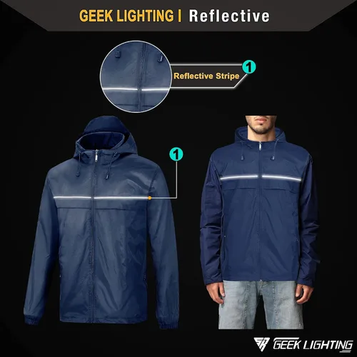 Vista 2 de GEEK LIGHTING Chaqueta impermeable con capucha para hombre, impermeable ligero y plegable para exteriores, campamento, viajes