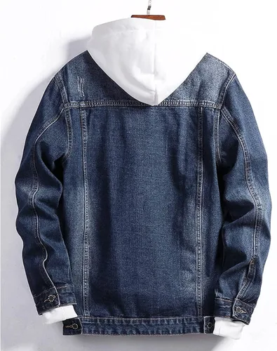 Vista 2 de JEKE-DG Chaqueta de mezclilla con capucha para hombre, estilo vintage, desgastada, estilo aviador, estilo vaquero, casual, militar, táctica