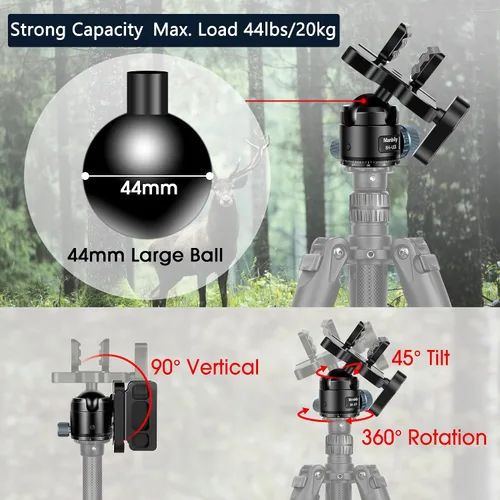 Vista 4 de Manbily Silla de disparo con cabezal esférico de perfil bajo de 44mm, cabeza de trípode CNC de aluminio resistente de 360°, abrazadera de apoyo