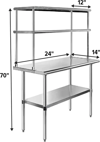 Vista 2 de Mesa de trabajo de acero inoxidable resistente aprobada por la NSF con estante inferior ajustable para cocinas, cuartos de servicio, almacenamiento
