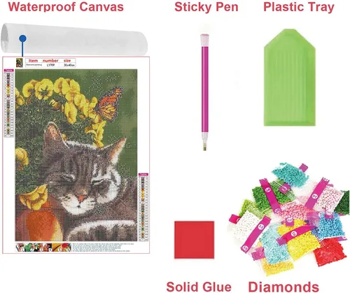 Vista 6 de KEOOID Kits de pintura de diamantes de flores para adultos, niños y principiantes, arte redondo con gemas de gato y mariposa con diamantes 5D