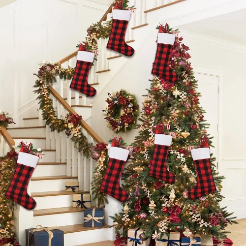 Vista 8 de YUJUN Paquete de 6 medias de Navidad de 22 pulgadas, medias grandes de Navidad a cuadros de búfalo negro y rojo, decoraciones colgantes para árbol