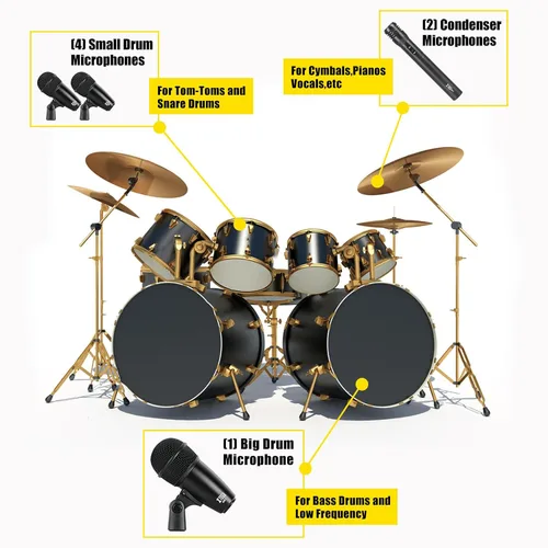 Vista 3 de XTUGA MI7 Kit de micrófono de batería dinámico con cable de 7 piezas, metal entero, juego de micrófonos de bajo para batería vocal, otro instrumento