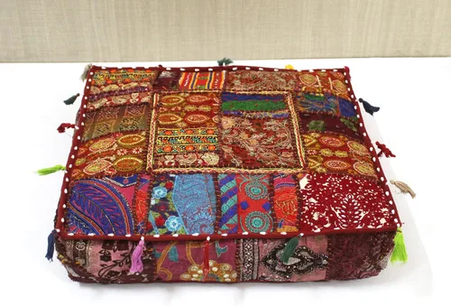 Vista 13 de CRAFT KALA Funda de Puf Tradicional de Retazos Cuadrada India Pufs de Sala de Estar India Otomana de Diseñador Bordada Decorativa Hogar Vida Rosa
