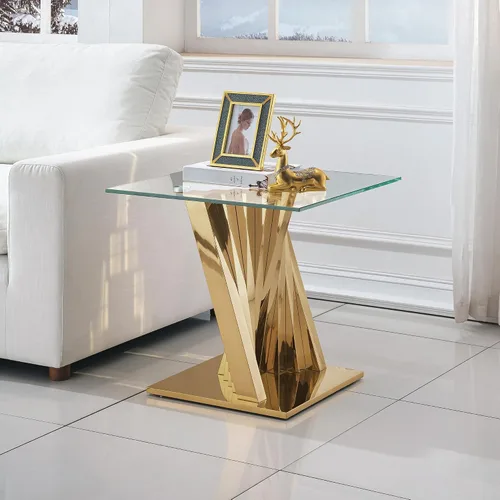 Vista 23 de Mesa de centro de cristal de lujo, mesa de centro de sofá de 47 pulgadas con marco de acero inoxidable dorado y parte superior de vidrio negro, mesa