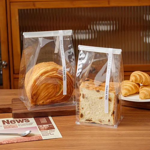 Vista 12 de 50 bolsas de pan con lazo de lata, bolsas para pan hechas de papel de algodón marrón, bolsa de embalaje de almacenamiento con ventana transparente