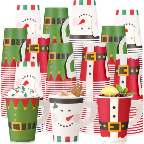 Vista 7 de Maxcheck Vasos de Papel Navideños 7oz Desechables de Navidad con Asas Santa Muñeco de Nieve Elfo Vasos de Té Café Chocolate Caliente Accesorios