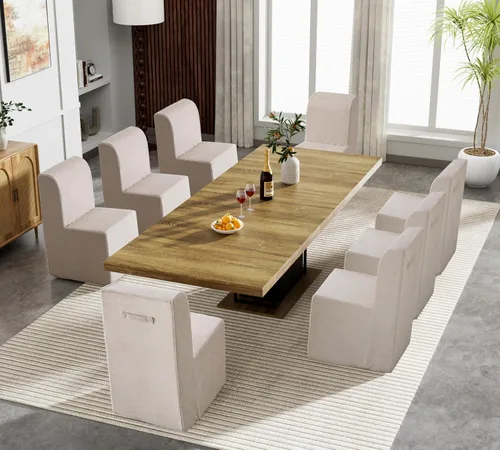 Vista 3 de Juego de mesa de comedor extensible marrón de 9 piezas para 8, 63 a 78.74 pulgadas, juego de mesa de cocina y comedor, mesa de comedor extensible
