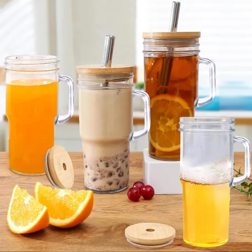 Vista 2 de Vasos de vidrio de 24 onzas con tapas y pajitas - Vaso de vidrio con tapas de bambú y pajita, taza de café helado