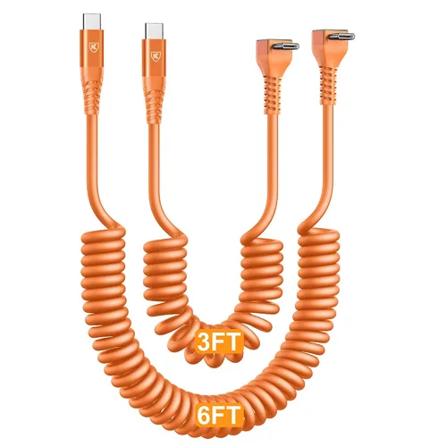 Vista 11 de Cable USB A a USB C de 90 grados, paquete de 2 cables USB tipo C en espiral de 3 pies para automóvil, cable de carga rápida USB-C compatible