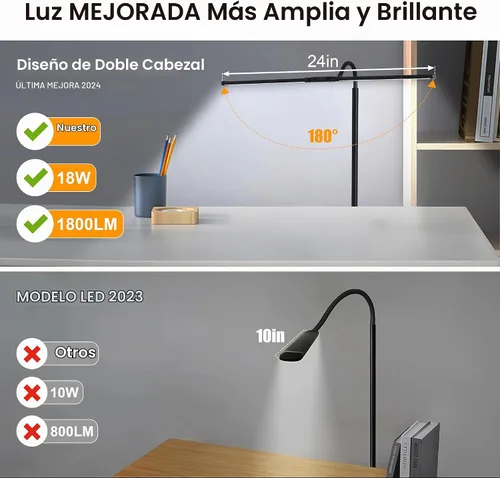 Vista 2 de Lámpara de pie LED, lámparas de pie brillantes de 18W para sala de estar, 3 modos de color 10 niveles de brillo, cuello de cisne flexible ajustable