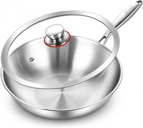 Vista 9 de LOLYKITCH Wok Pan de acero inoxidable de tres capas de 11 pulgadas con tapa