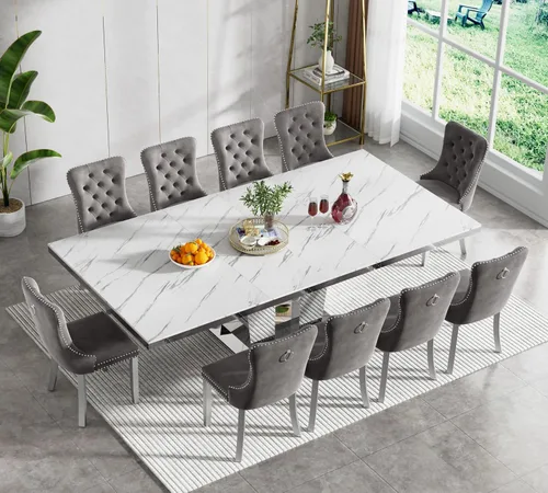 Vista 43 de Juego de mesa de comedor extensible de 5 piezas, juego de mesa de comedor extensible de estilo granja para 4, mesa de cocina expandible de madera