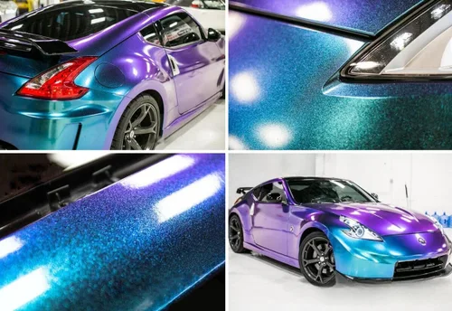 Vista 8 de LZLRUN Adhesivo de vinilo brillante brillante de color azul camaleón a morado con purpurina para interior del automóvil, lámina de cambio