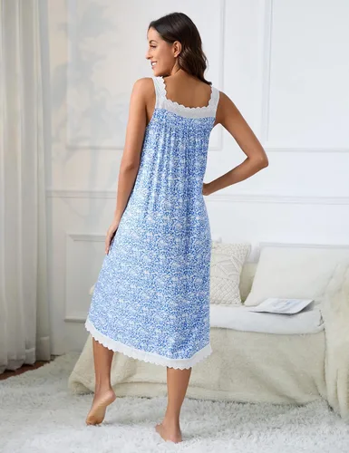 Vista 5 de BLUEMING Camisones para mujer con cuello cuadrado de encaje, con volantes, manga abombada, vestido victoriano