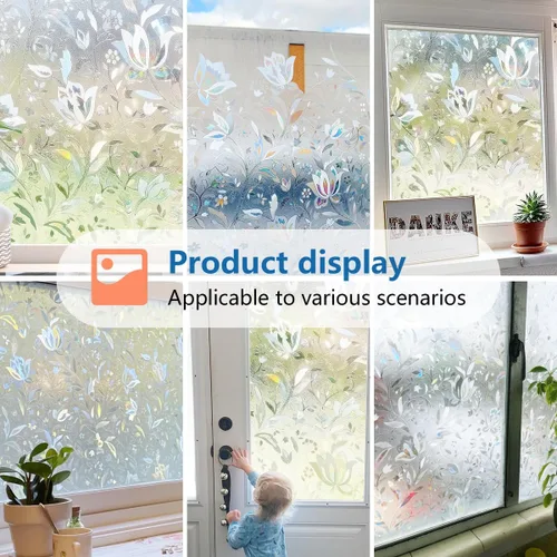 Vista 5 de Bloss Película decorativa de privacidad para ventana, diseño floral, no adhesiva, bloqueo de calor, película de vidrio para baño, hogar, cocina
