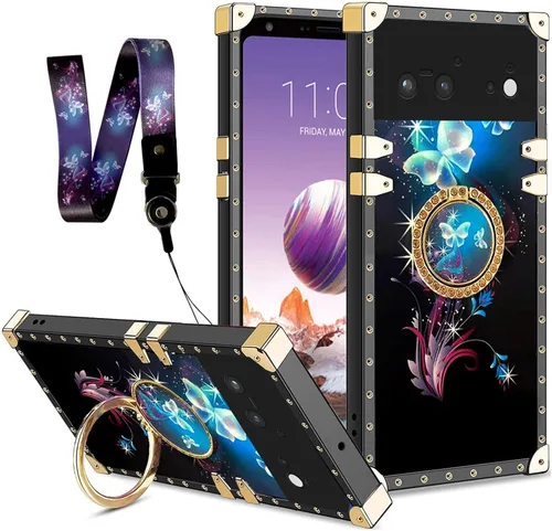 Vista 68 de nancheng Funda para Google Pixel 6 de lujo, diseño de abeja, corazón y abeja, chapado en oro, con anillo de diamante de 360°, correa de cordón