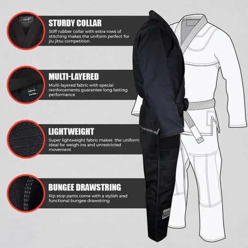 Vista 3 de FUJI Suparaito BJJ GI y uniforme de artes marciales - Jiu Jitsu Gi brasileño con chaqueta de tejido de perlas Negro