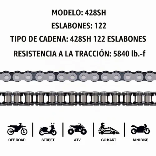 Vista 4 de DYC - Cadena de motocicleta 428H, 122 eslabones con rompecadas, cadena resistente 428 para motocicleta de 125, 150, 200 cc, mini bicicleta