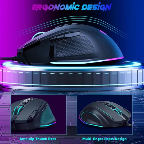 Vista 6 de Redragon Ratón para juegos con cable, mouse ergonómico retroiluminado RGB de hasta 8000 DPI, 11 botones programables y 7 modos retroiluminados