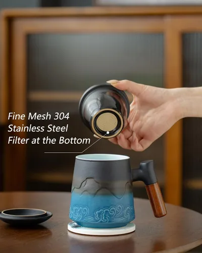 Vista 3 de ZENS Taza de té con infusor y tapa para colador de té de hojas sueltas, taza de té de cerámica de 15.2 oz con coladores de té finos y posavasos