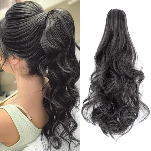 Vista 16 de Felendy Extensión de cola de caballo de 18 pulgadas, mezcla de rubio ceniza, marrón oscuro, rizado, ondulado, con clip, extensiones de cabello largo