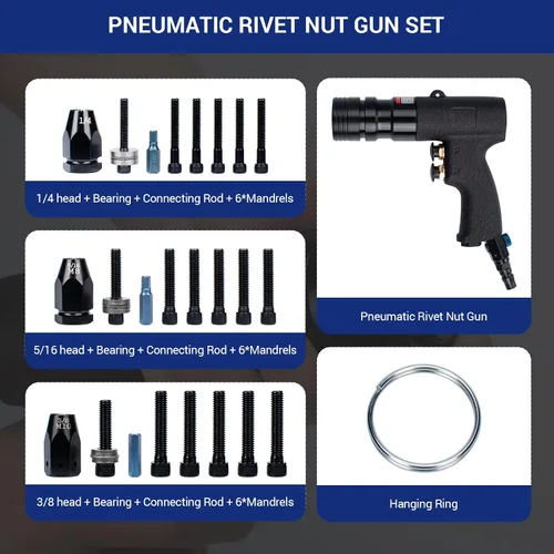 Vista 2 de Kit de herramientas de tuerca de remache de aire, pistola de remache neumática con mandriles de 1/4", 5/16" y 3/8