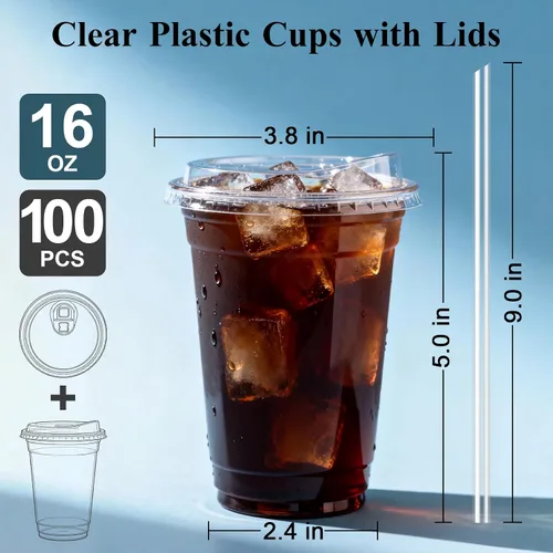 Vista 3 de Goodluck Paquete de 100 vasos de plástico transparente de 16 onzas con tapas, desechables para café helado con tapas para fiestas, bebidas