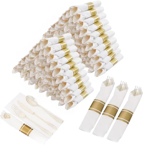 Vista 13 de Goodluck 100 Pack Pre Rolled Gold Plastic Silverware, Wrapped Cutlery