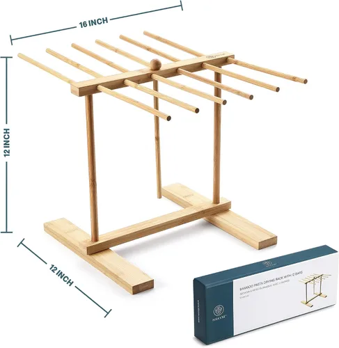 Vista 6 de Estante de secado de pasta de bambú con varita de transferencia y 12 barras, fácil de transferir para secar pasta y cocinar, diseño de suspensión