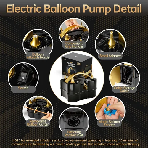 Vista 4 de Bezente Balloon Pump Electric, 3-in-1 Portable Black Gold Electric Air Machine Balloon Pump Dual Nozzle Balloon Inflator for Inflatables and Latex
