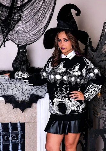 Vista 7 de Suéter de Halloween de bruja y curios para adultos