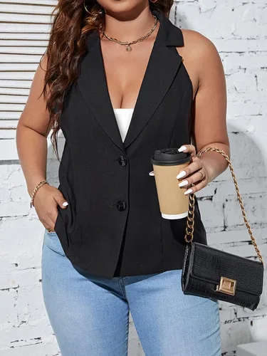 Vista 5 de MakeMeChic Chaqueta sin mangas con cuello de solapa y botones frontales para mujer, talla grande