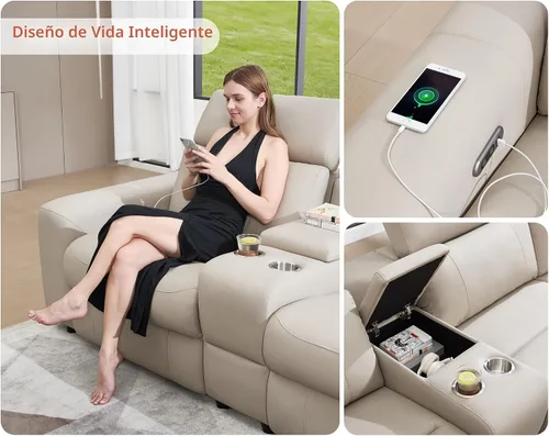 Vista 5 de Sofá Reclinable Eléctrico AMERLIFE, Sofá Reclinable con Consola y Reclinación Dual, Sofá Seccional de Cuero para Sala de Estar, Beige Marrón