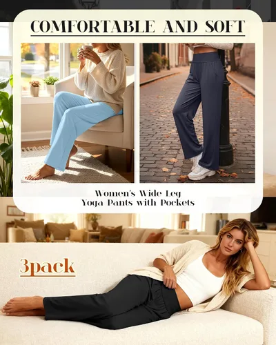 Vista 175 de Neer - Conjunto de 3 pantalones de yoga de pierna ancha para mujer - Pantalones deportivos cómodos, holgados, de cintura alta y casuales