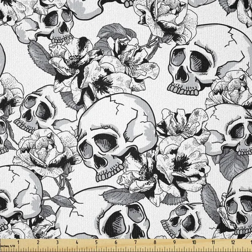 Vista 7 de Ambesonne The Yard, tela de calavera colorida con temática de Halloween, diseño de calavera y huesos cruzados, divertido estampado de dibujos
