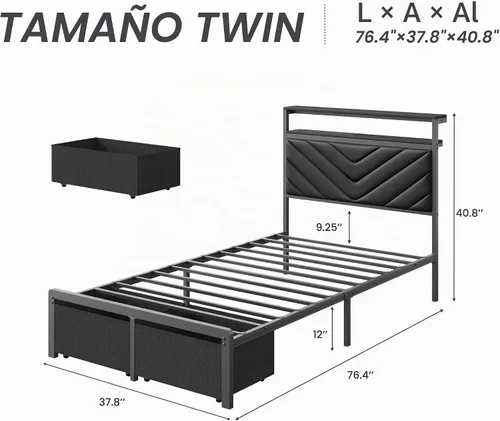 Vista 2 de HISOFT Base de cama individual con estación de carga, luces LED y 2 cajones de almacenamiento, plataforma negra con cabecera tapizada