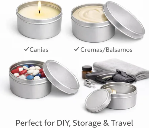 Vista 4 de Recipiente redondo de aluminio con tapa, plateado, almacenamiento reutilizable para velas, cremas, especias, viajes